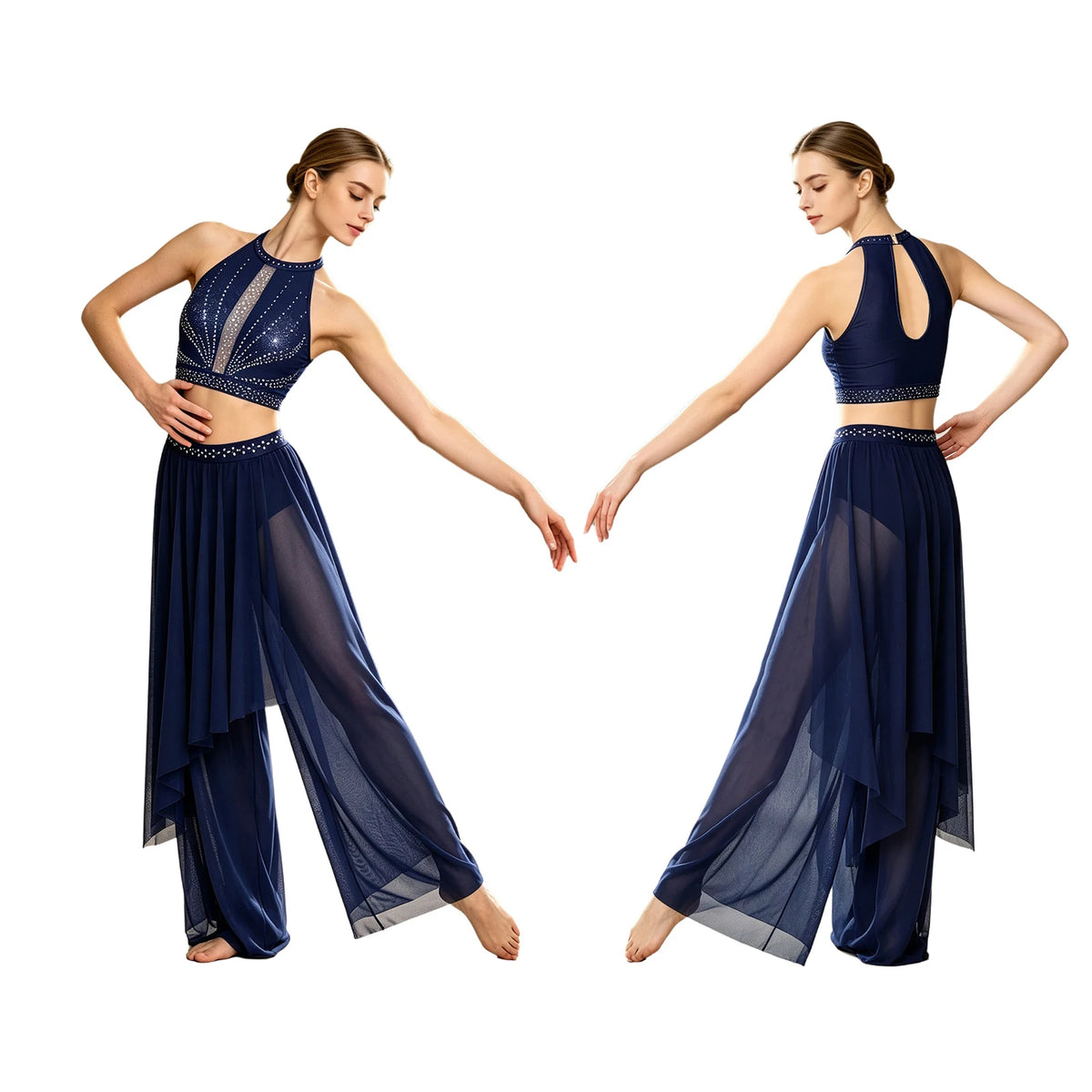 Rhinestone Crop Top & Sheer Pants Set | Lyrical Dance | Built-In Brief