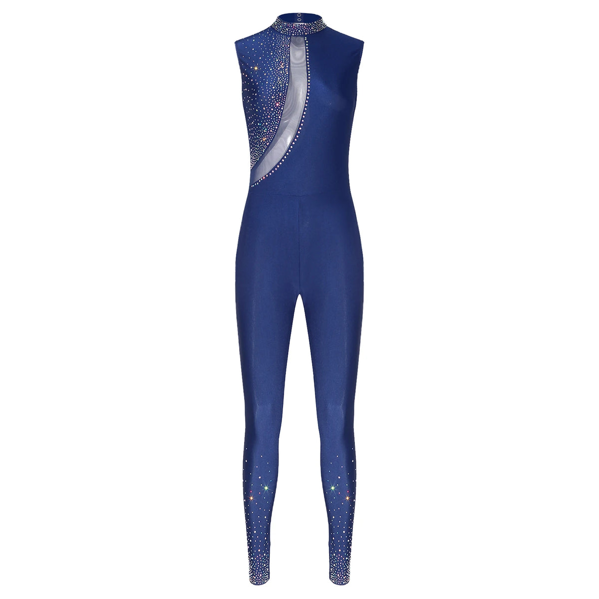 Women's Rhinestone Gymnastics Unitard | Mesh Patchwork & Asymmetric Shoulder | Performance Jumpsuit