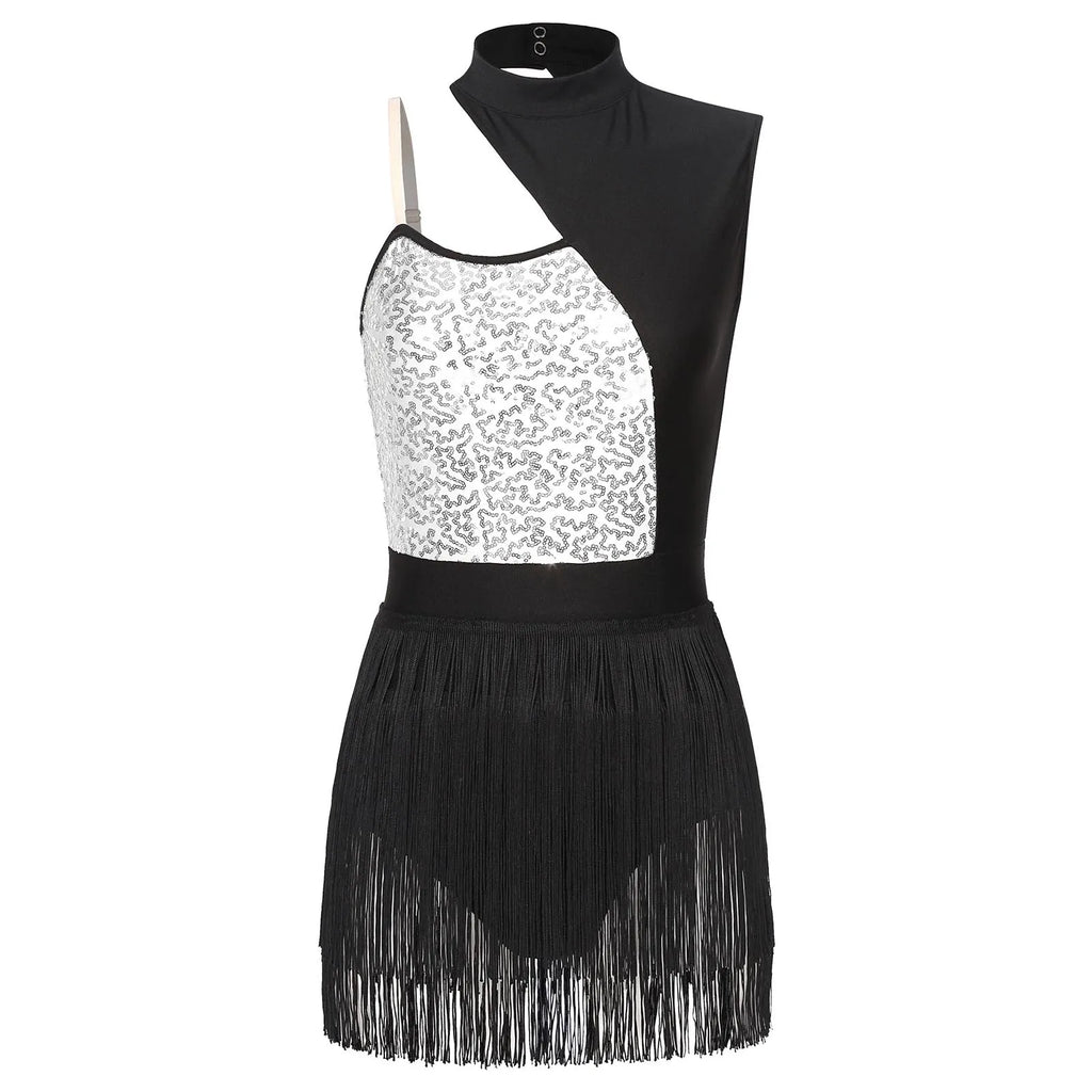 Sequin Tassel Latin Dance Dress | One-Shoulder | Fringe Skirt