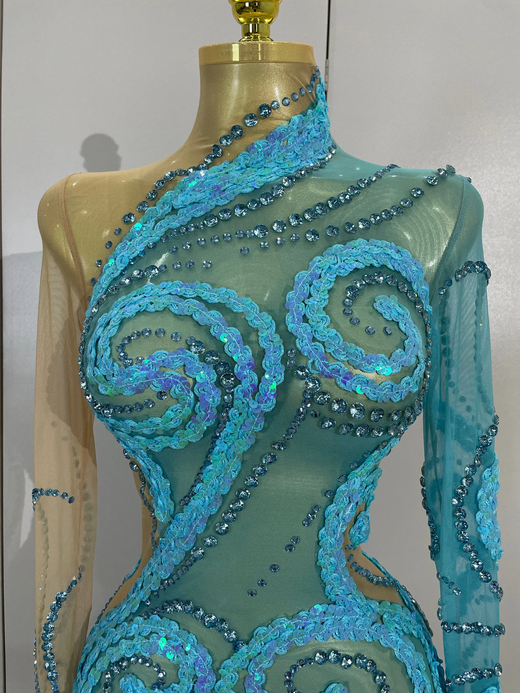 3D Swirl Appliqué Long-Sleeve Mini Dress | Turtleneck | Sky Blue