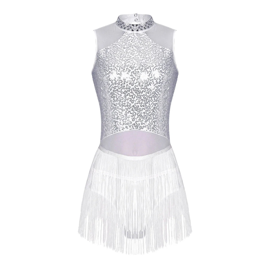 Sequin Tassel Leotard Dress | Mock Neck | Latin Dance