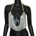 Rhinestone Crystal Deep V Crop Top - Sheer Backless Adjustable Tank
