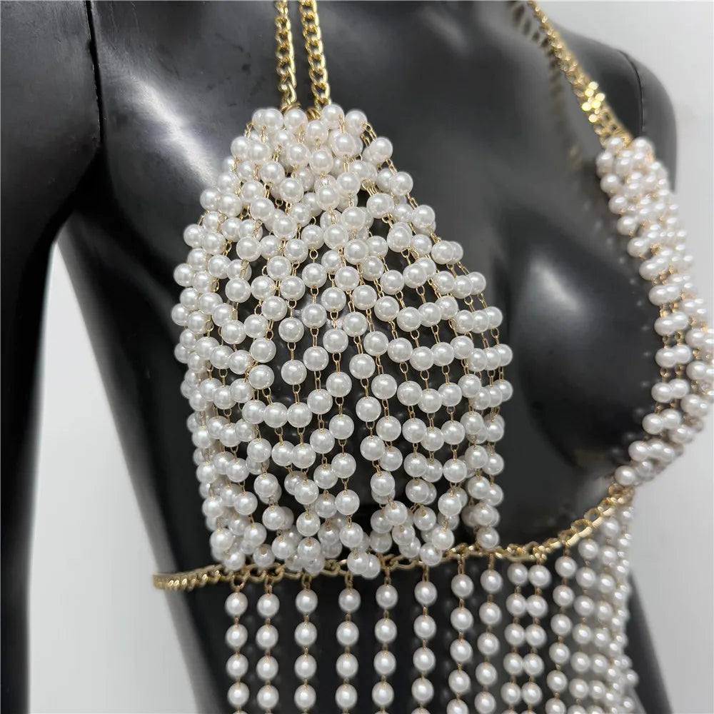 Pearl Chain V-Neck Halter Crop Top