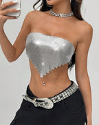Metal Sequin Backless Bandage Crop Top - Strapless Party Top