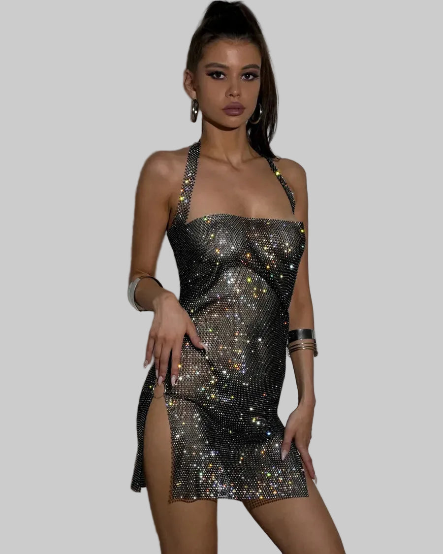 Rhinestone Fishnet Mini Dress - Halter Backless Side Split Dress