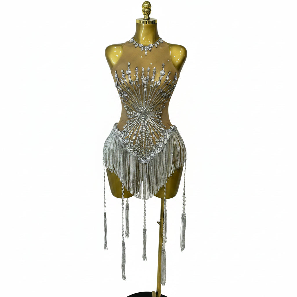 Silver Diamond Tassel Bodysuit | Sequin Mesh | S–XL
