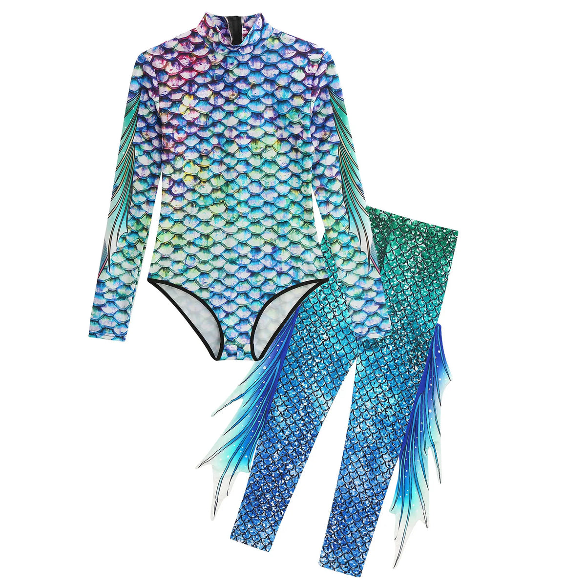 Mermaid Fish Scale Bodysuit & Fringe Leggings Set