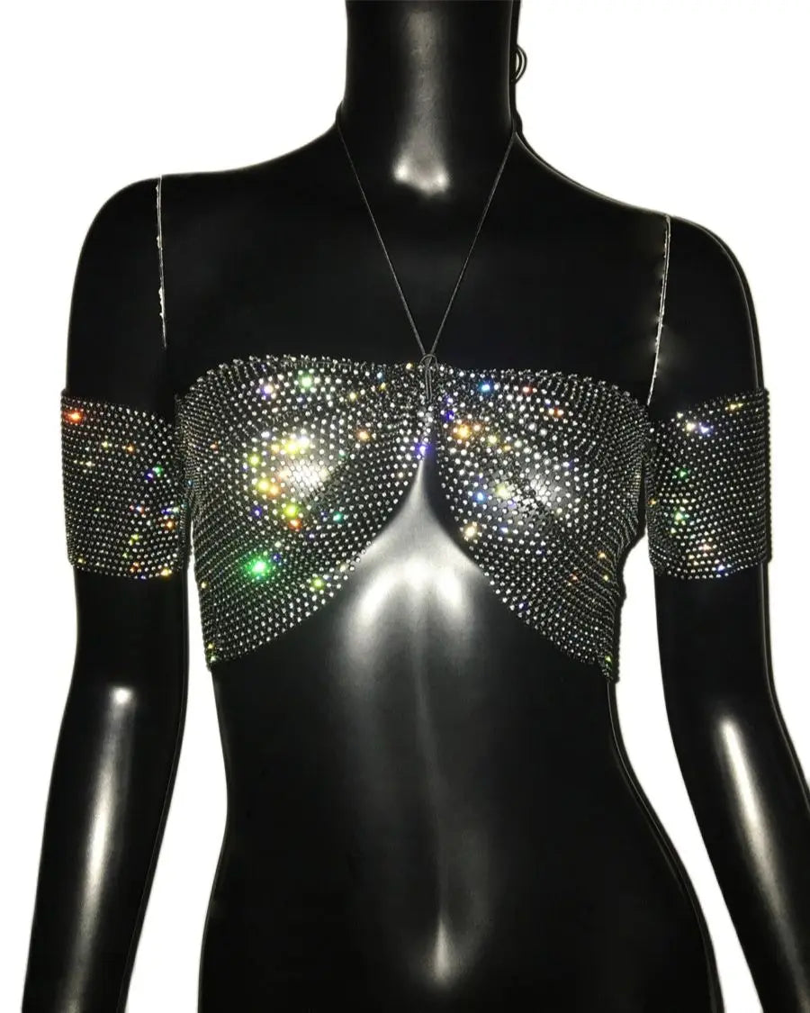 Glitter Rhinestone Halter Crop Top - Sheer Backless Tank