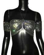 Glitter Rhinestone Halter Crop Top - Sheer Backless Tank