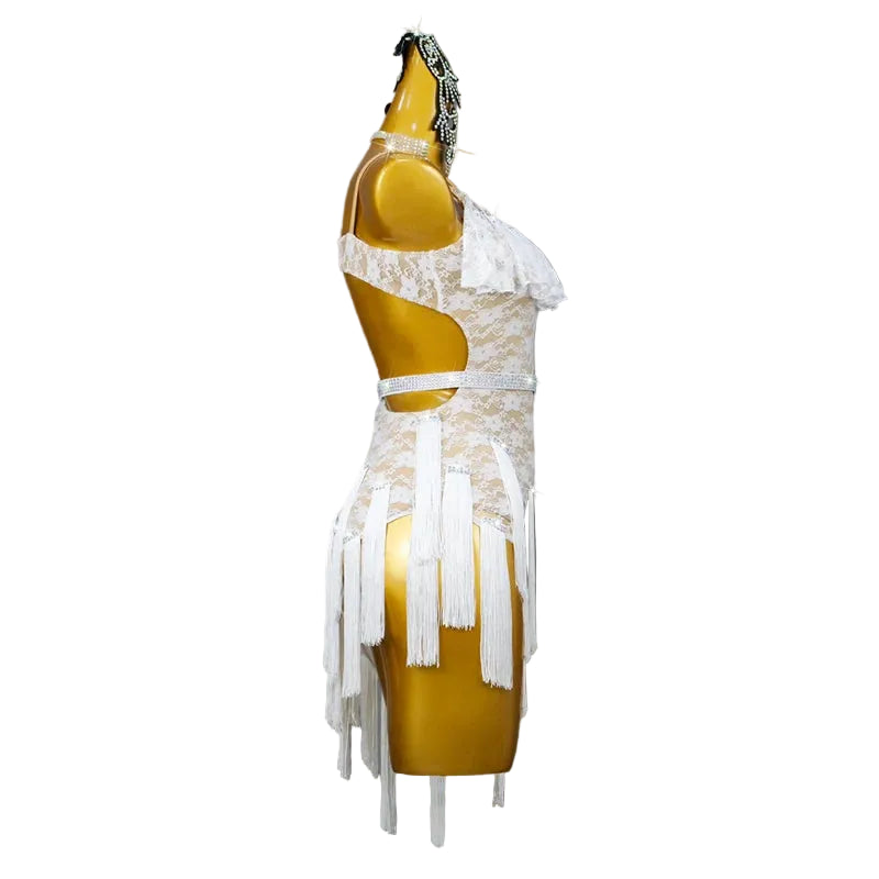 Rhinestone Lace Latin Dance Dress – Tassel & Sash Performance Gown