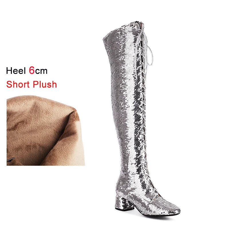 Glitter Sequin Over-the-Knee Boots | Lace-Up | 6cm Block Heel