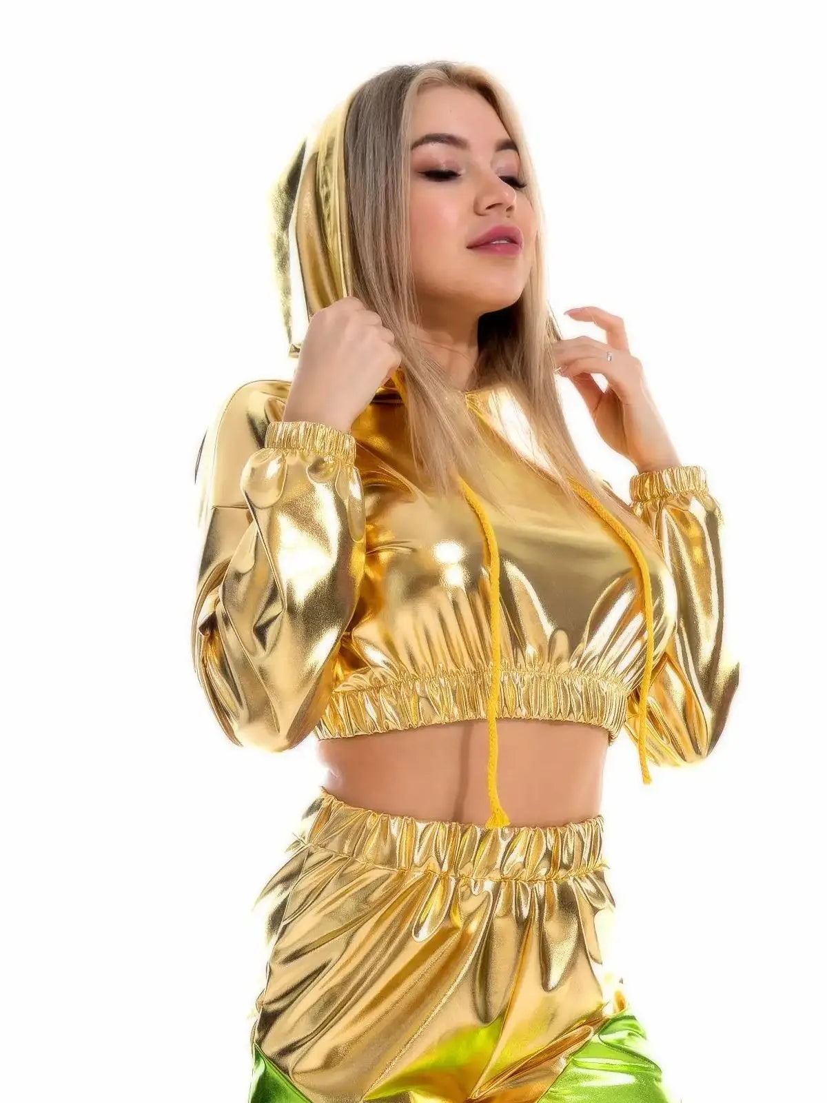 Holographic Crop Hoodie | Metallic Shiny | Drawstring