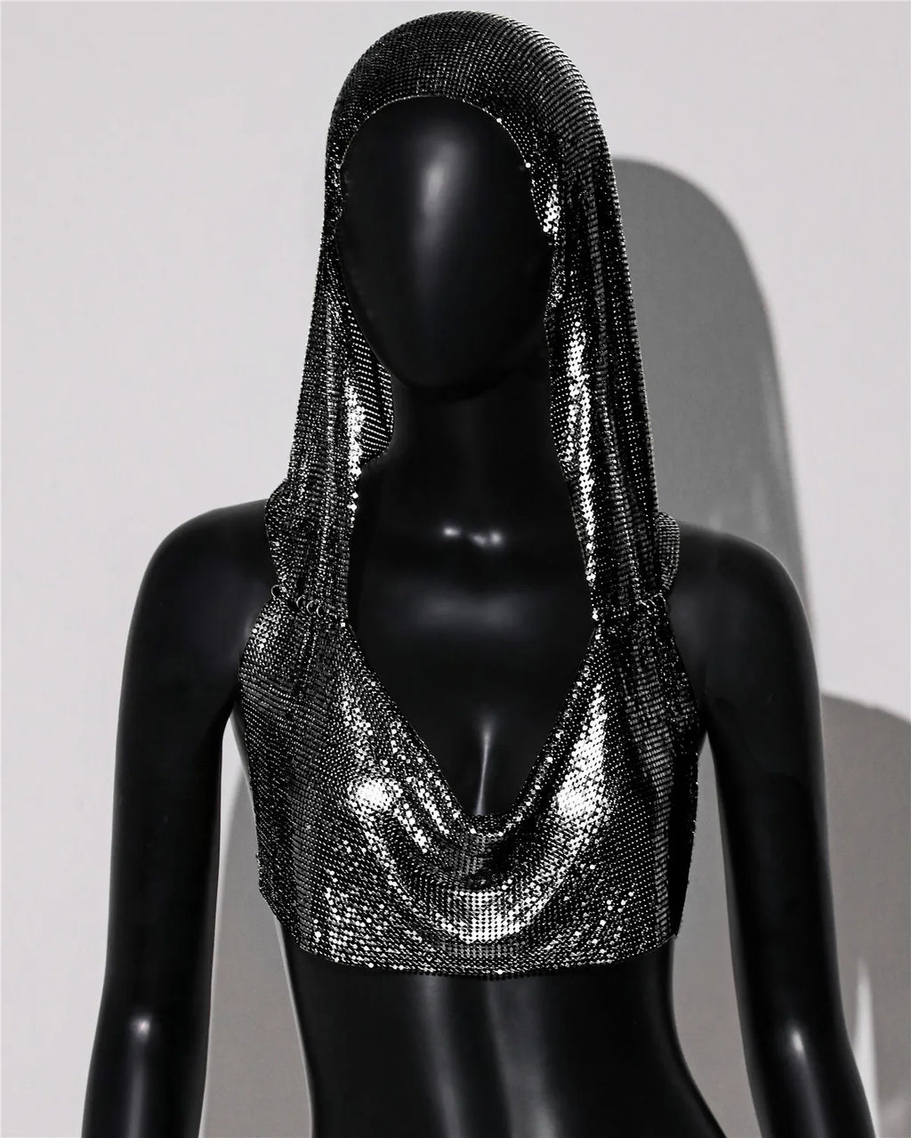 Hooded Sequin Crop Top with Deep V-Neck