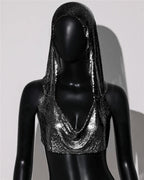 Hooded Sequin Crop Top with Deep V-Neck