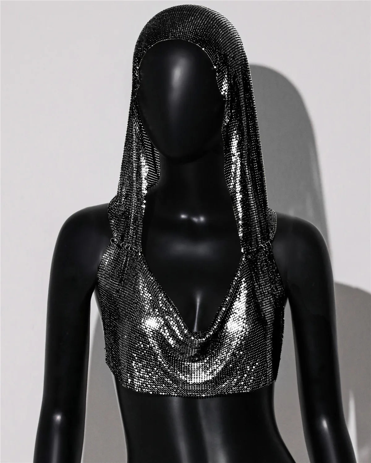 Hooded Sequin Crop Top with Deep V-Neck