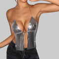 Metal Sequin Bandage Halter Crop Top - V-Neck Backless Tank