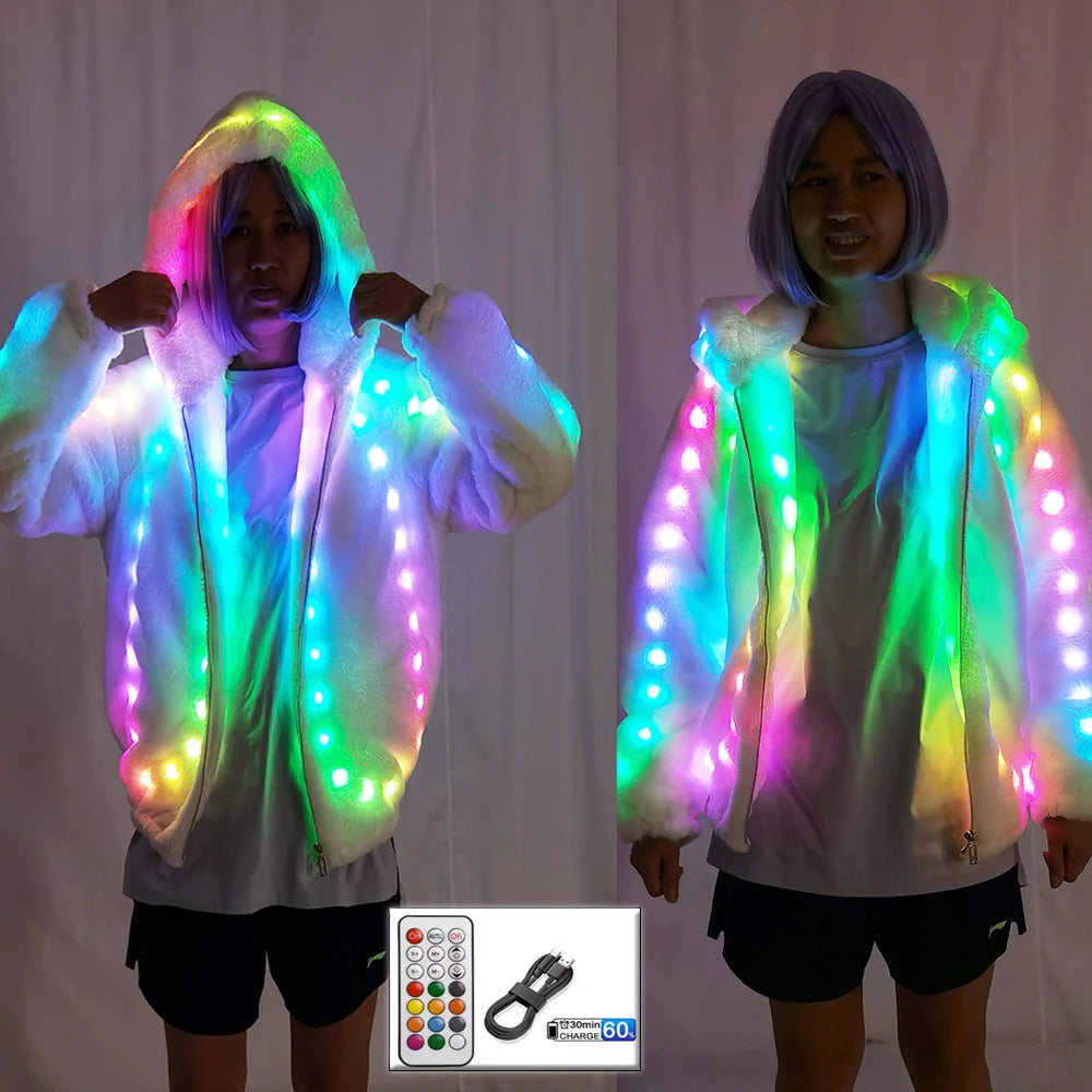 LED Hooded Faux Fur Coat | Remote-Control RGB Light-Up Jacket | Festival & Stage