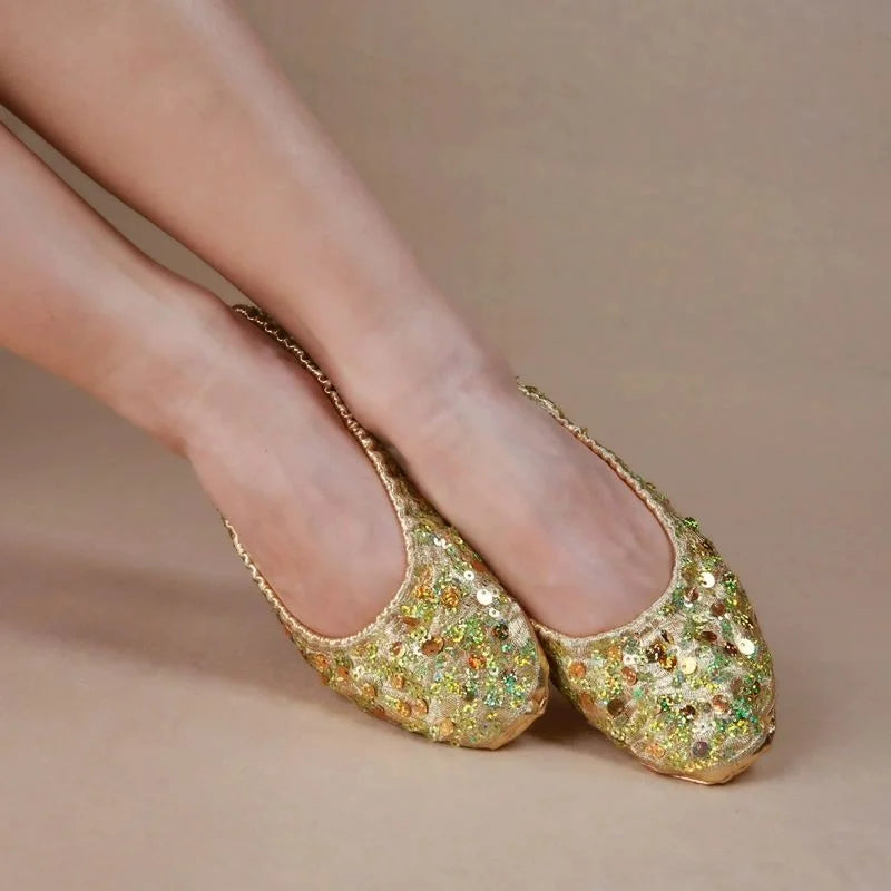 Sequin Belly Dance Slippers | Flat Soft Sole | Gold & Silver