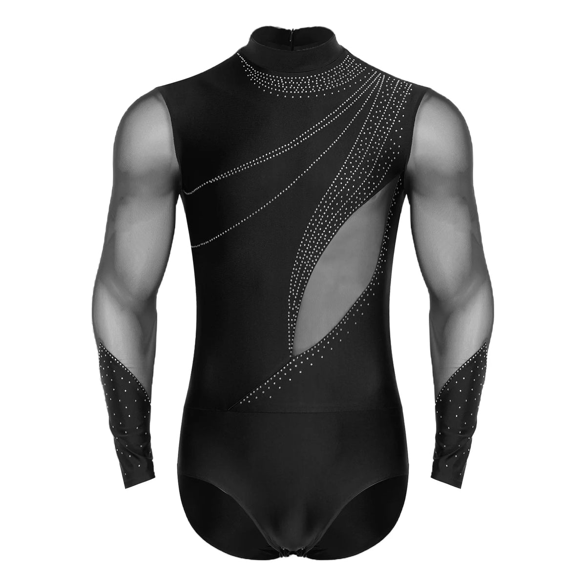 Men's Rhinestone Leotard | Mock Neck & Diagonal Sheer Mesh Panel | Long Sleeve