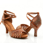 Women's Rhinestone Latin Heels | Bronze Satin | Multi-Height