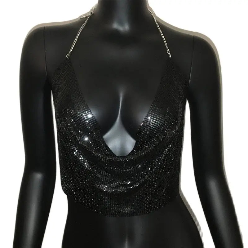 Metallic Sequin Crop Tank - Backless Performance Top
