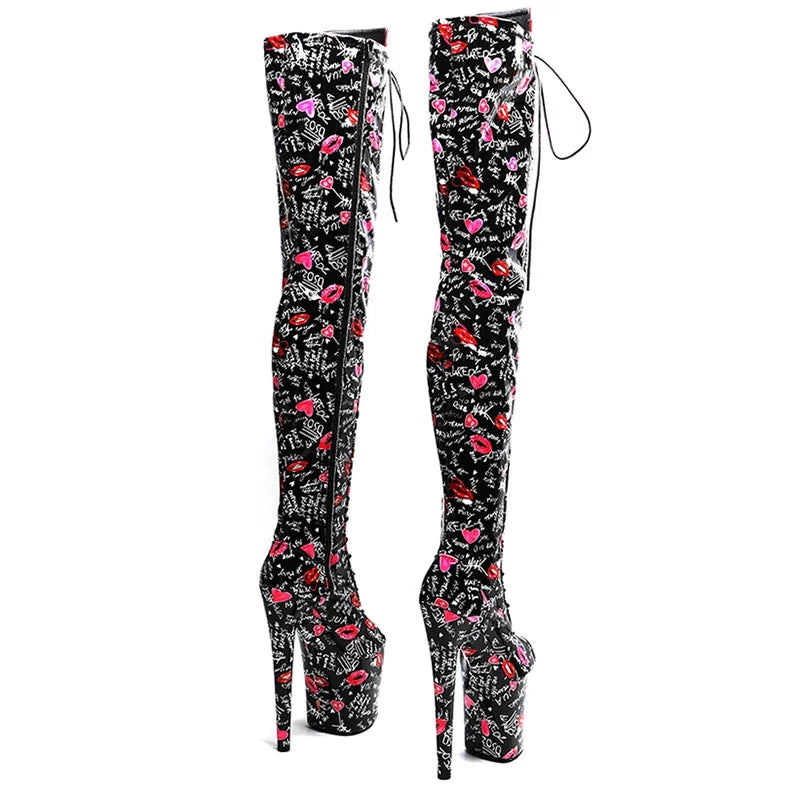 8-Inch Lip Print Thigh-High Boots - Open Toe Platform Boots