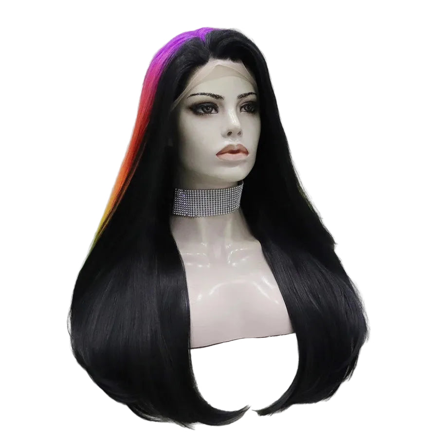 24" Jet Black Straight Lace Front Wig – Colorful Highlights