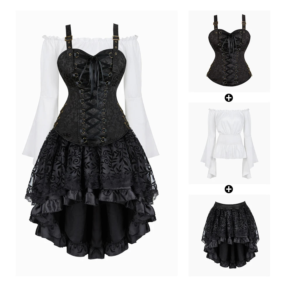 Steampunk Corset Dress | 3-Piece Set | 9 Colors | S-XXXL