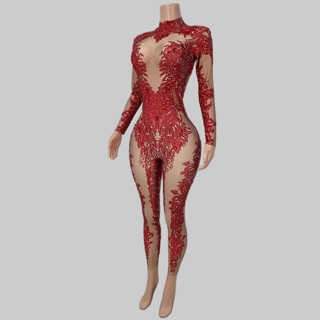 Rhinestone Print Bodycon Jumpsuit - Sparkly Spandex Catsuit for Club & Stage