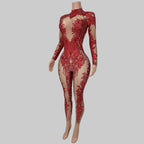 Rhinestone Print Bodycon Jumpsuit - Sparkly Spandex Catsuit for Club & Stage