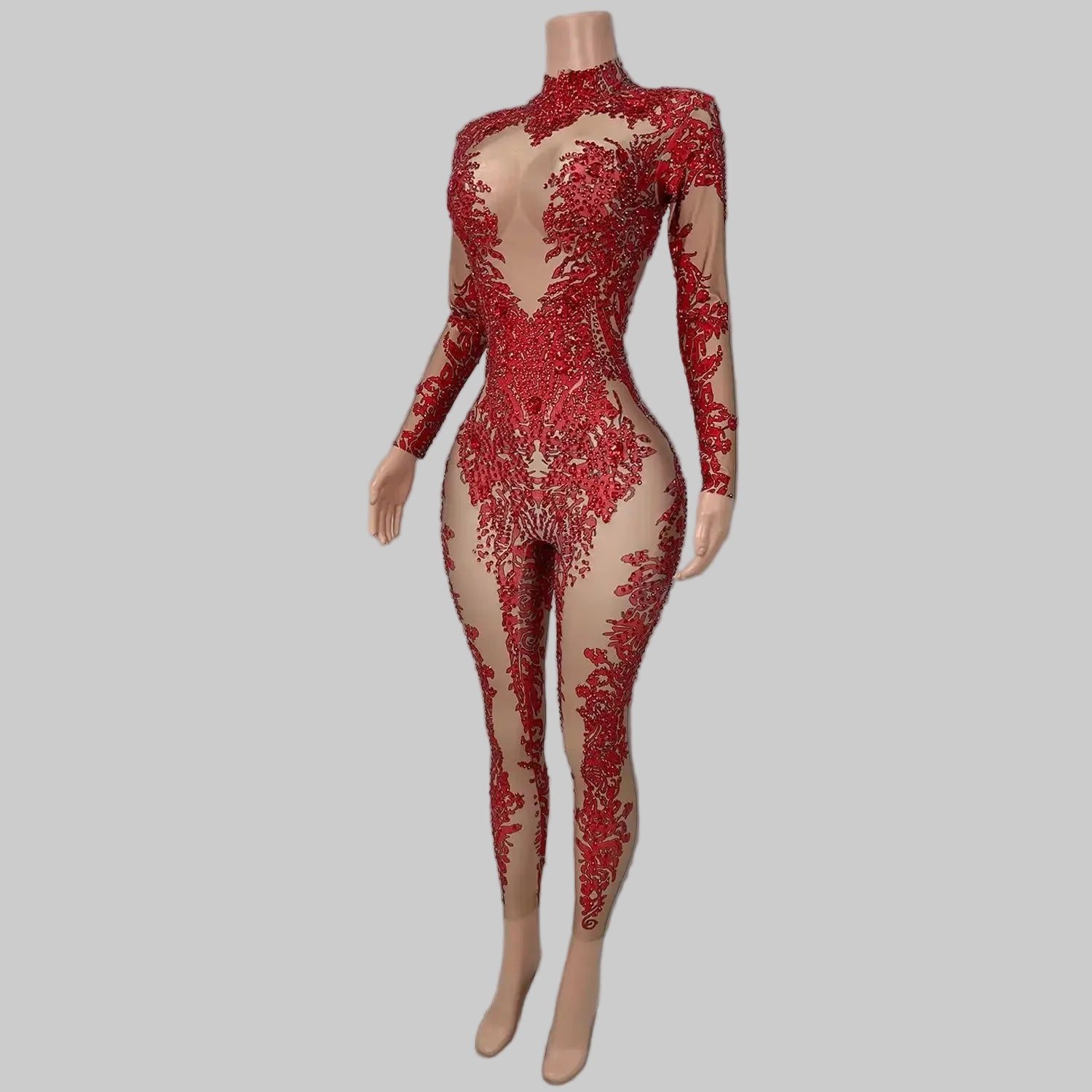 Rhinestone Print Bodycon Jumpsuit - Sparkly Spandex Catsuit for Club & Stage