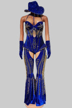 Rhinestone Bodysuit 4-Piece Set - Sparkly Showgirl Outfit with Flare Pants & Crystals