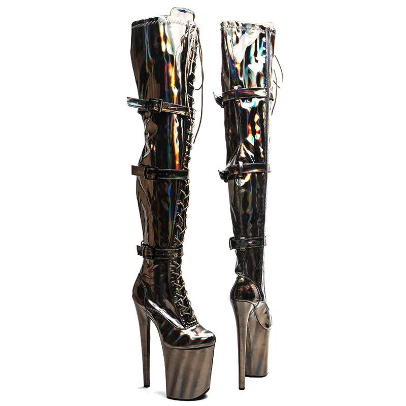 9-Inch Holographic Platform Boots - Lace-Up Dance Boots