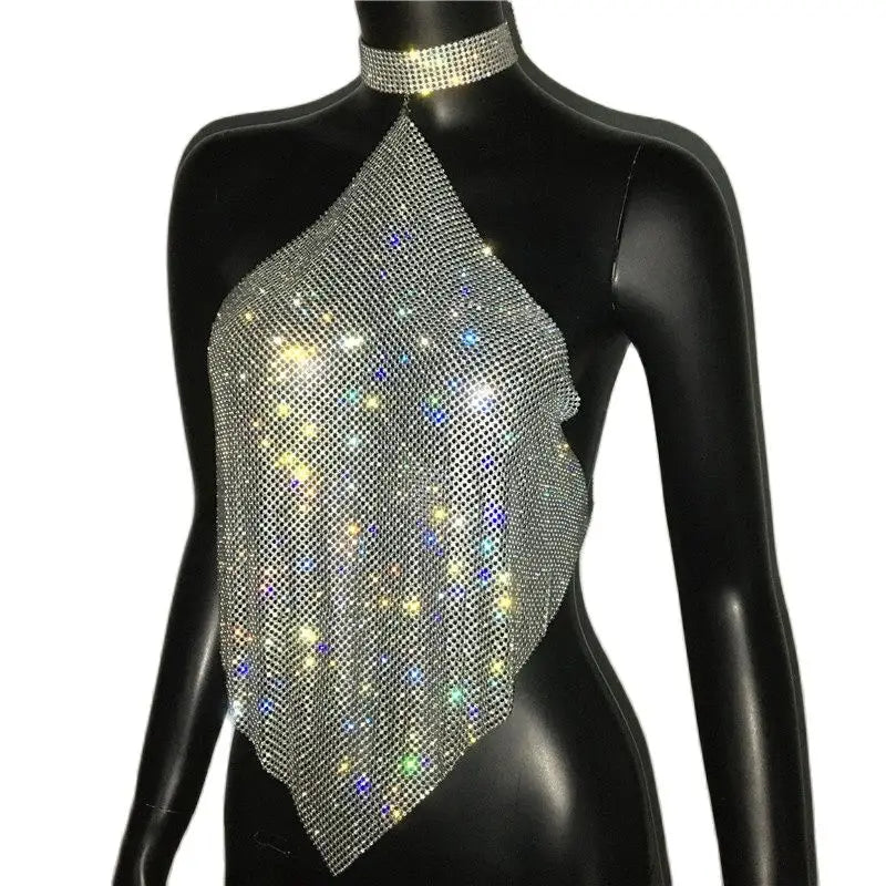 Crystal Rhinestone Halter Mesh Crop Top