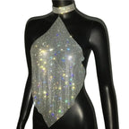 Crystal Rhinestone Halter Mesh Crop Top