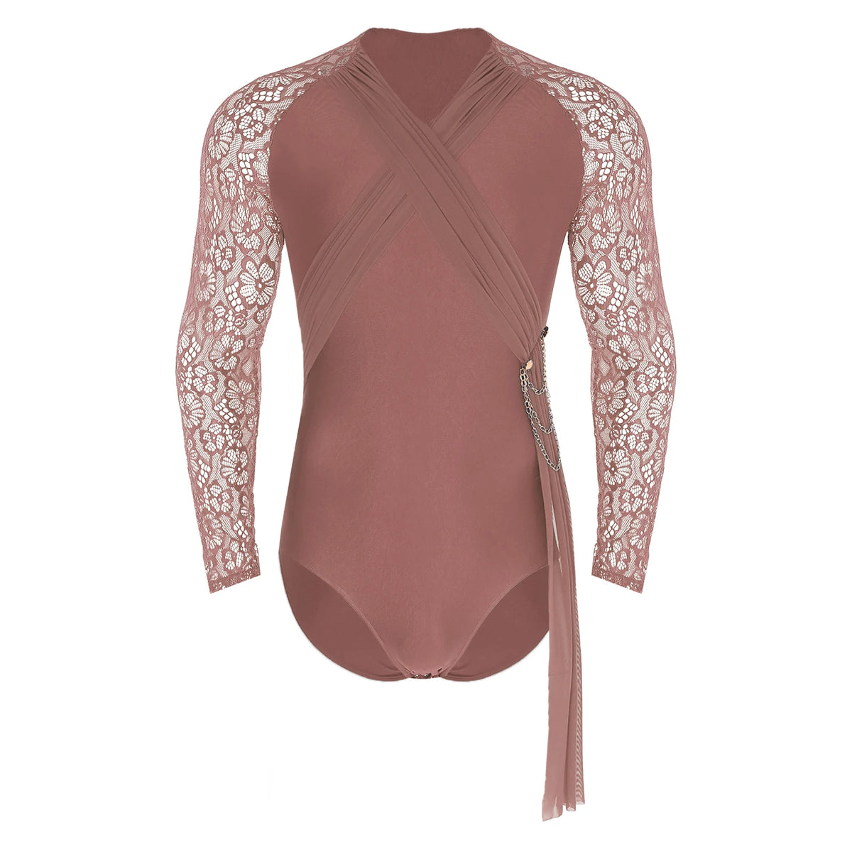 Men's Rhinestone Dance Leotard | V-Neck Lapel & Long Sleeve | Snap Crotch