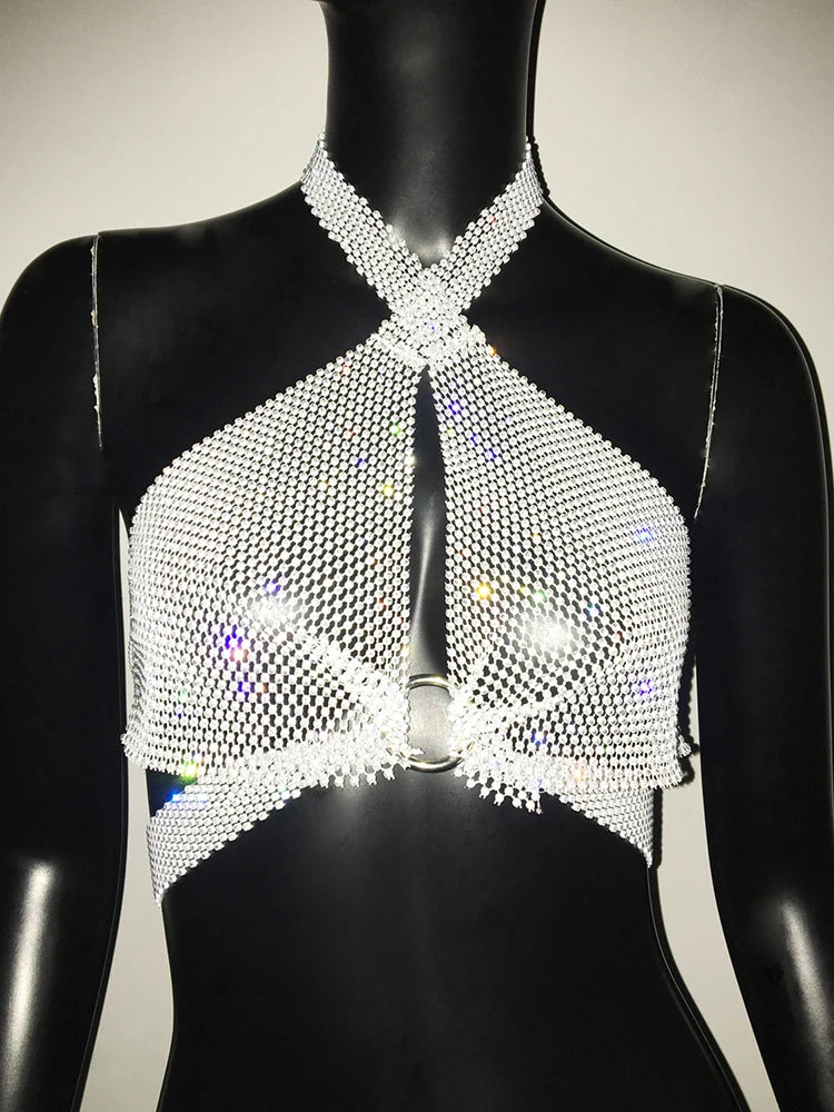 Fishnet Rhinestone Crop Top - Sexy Mesh See-Through Tank for Raves & Festivals