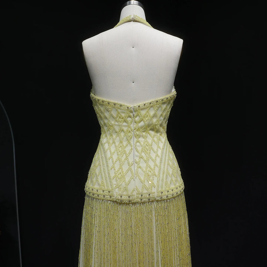 Yellow Beaded Tassel Mermaid Gown | Halter V-Neck | Floor-Length