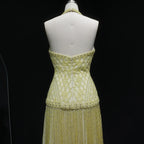 Yellow Beaded Tassel Mermaid Gown | Halter V-Neck | Floor-Length