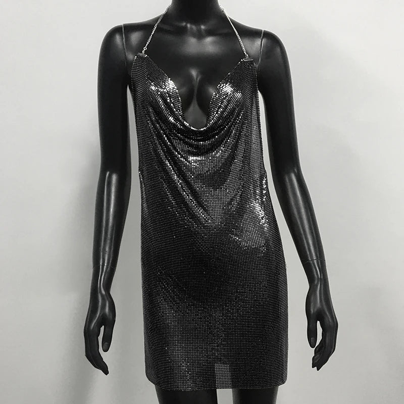 Metal Sequin Halter Mini Dress - Bodycon Party Dress