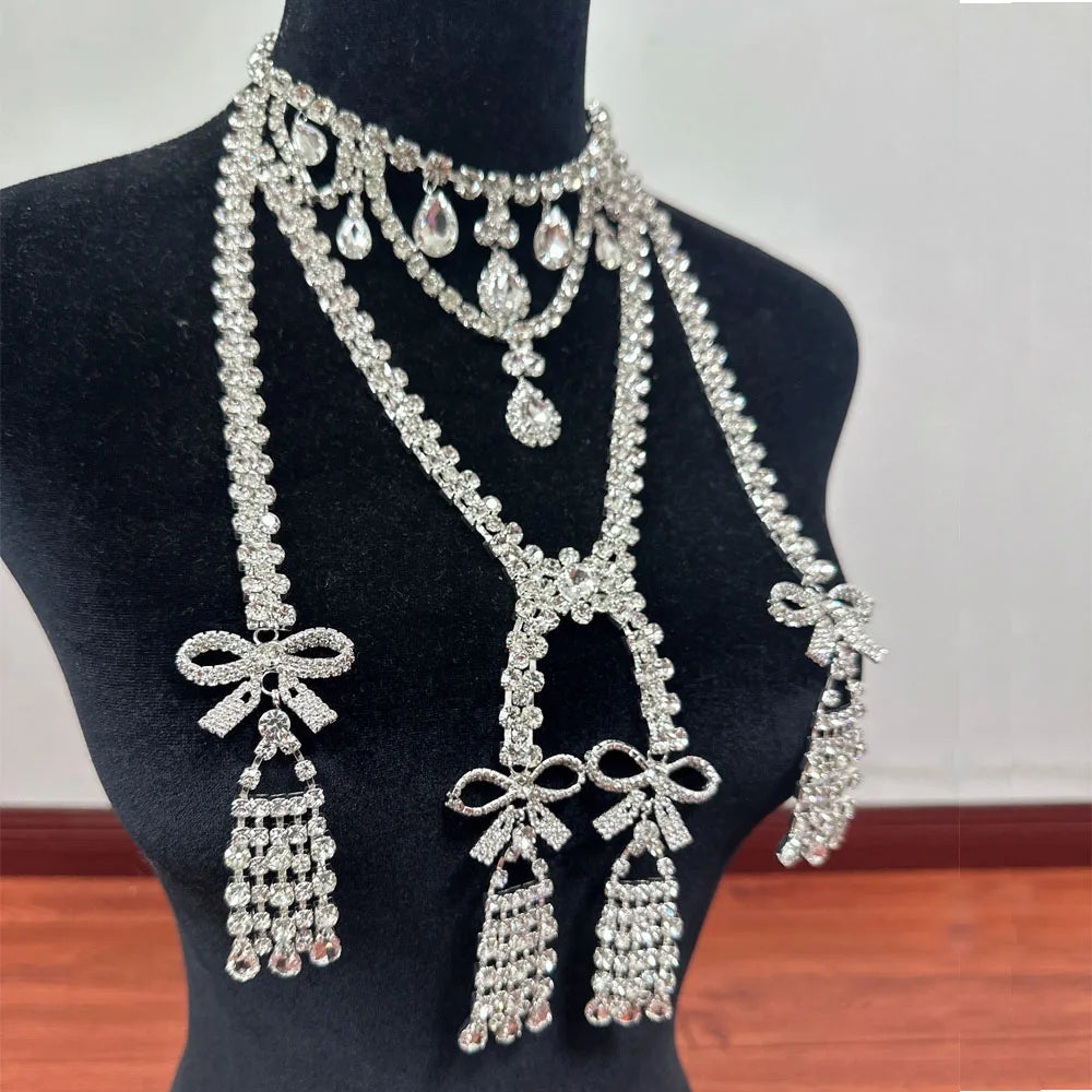 Rhinestone Bowknot Tassel Body Chain | Crystal Silver
