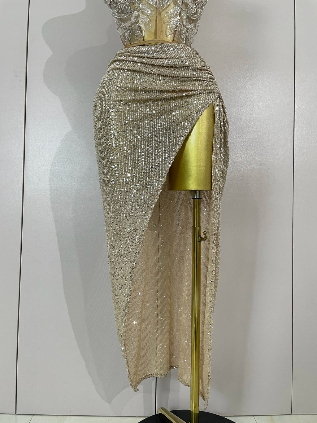 Sequin Beaded Corset & High-Slit Skirt Set | Strapless | Champagne
