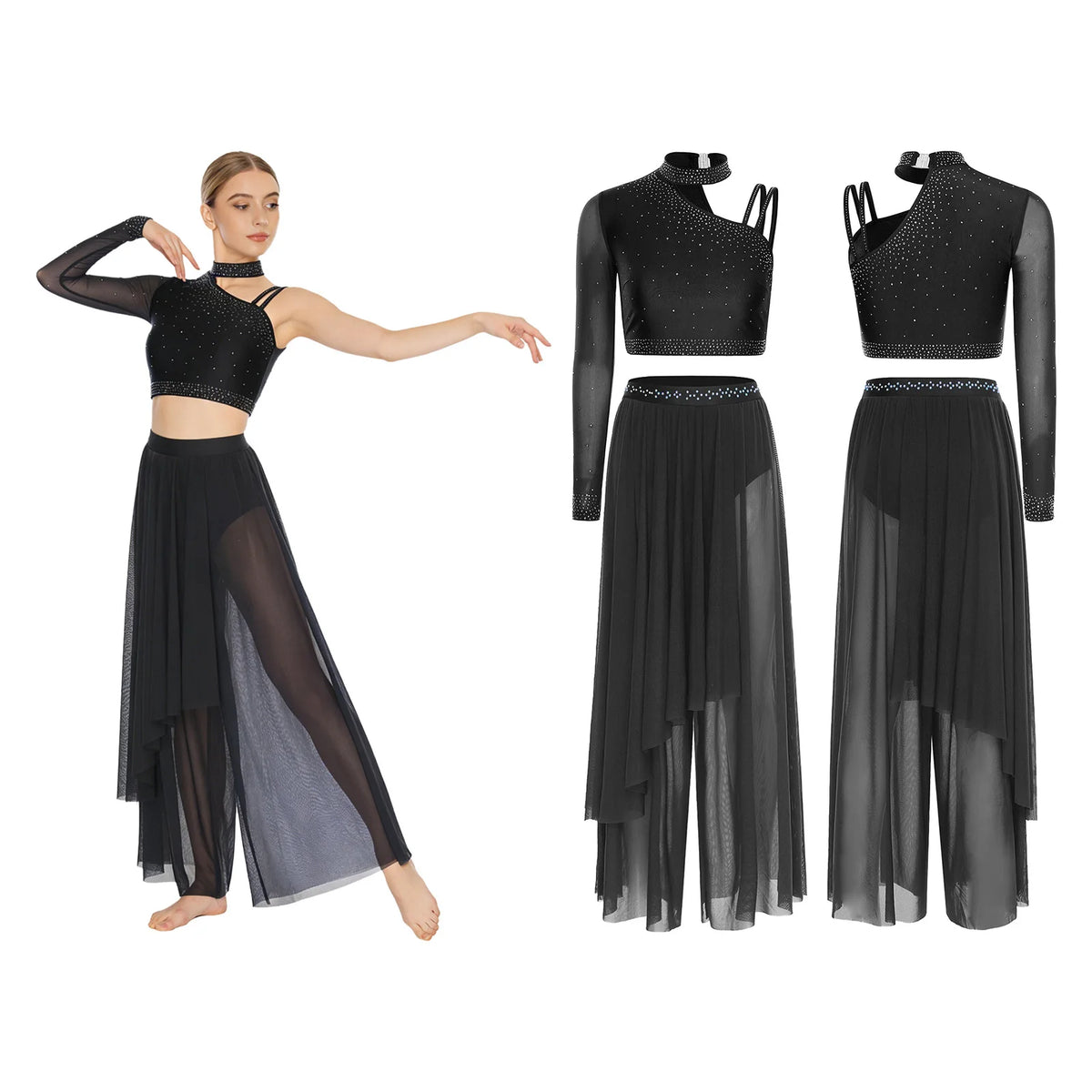 Rhinestone Crop Top & Sheer Pants Set | Lyrical Dance | Built-In Brief