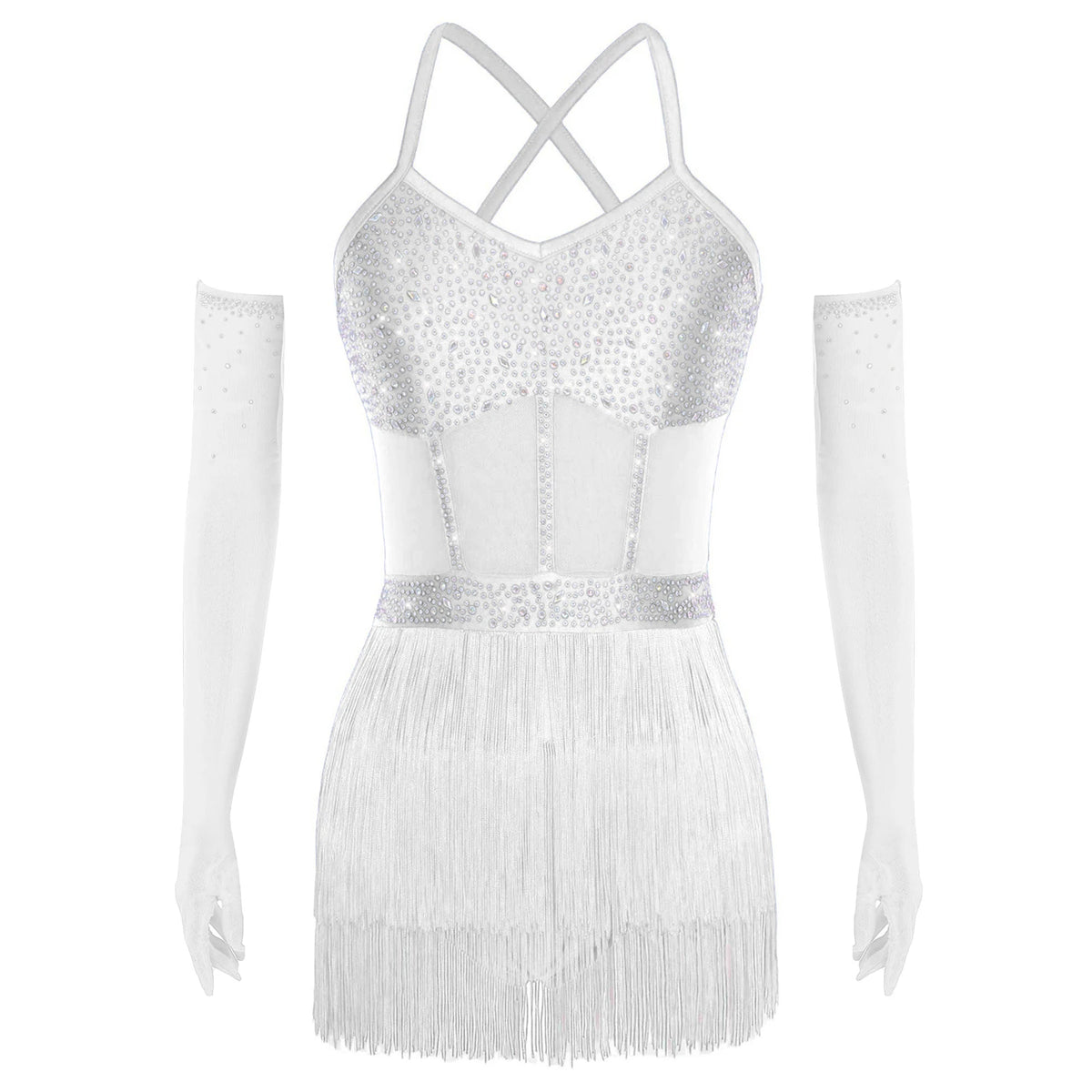 Women's Rhinestone Fringe Latin Dance Dress | Sheer Mesh & Tiered Tassel Skirt | Includes Arm Gloves