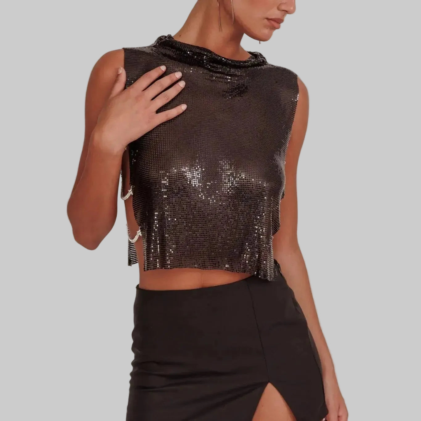 Metal Sequin Backless Crop Top with Rhinestone Chain