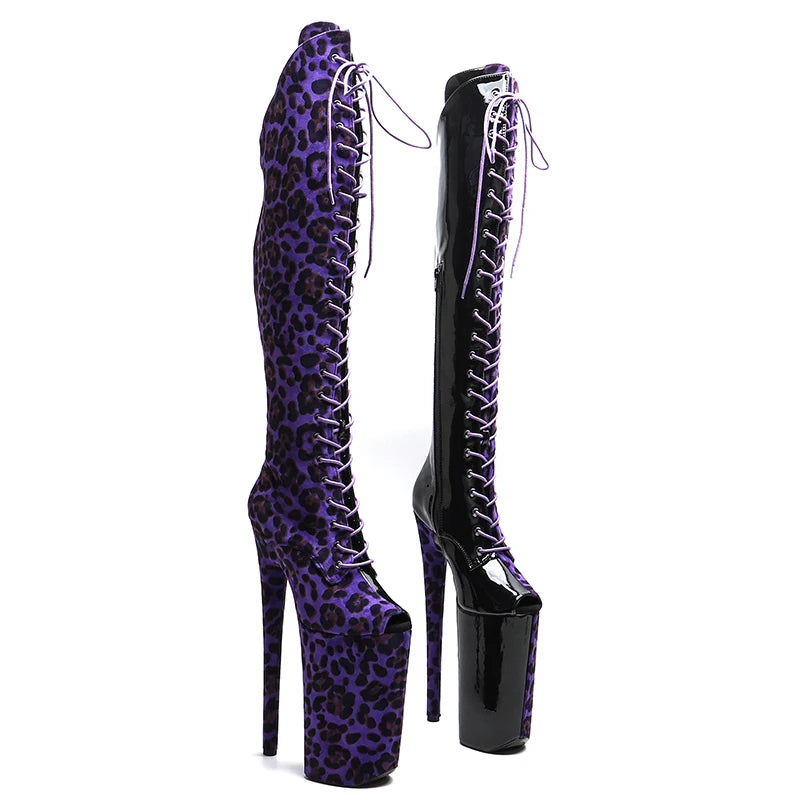 10-Inch Leopard Print Platform Boots - Thigh-High Patent Dance Boots