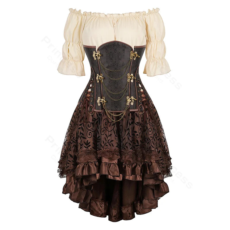 Steampunk Corset Dress Set | Off-Shoulder Blouse & Skirt | S-XXL