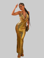 Metallic Bodycon Maxi Dress - Backless V-Neck Party Dress