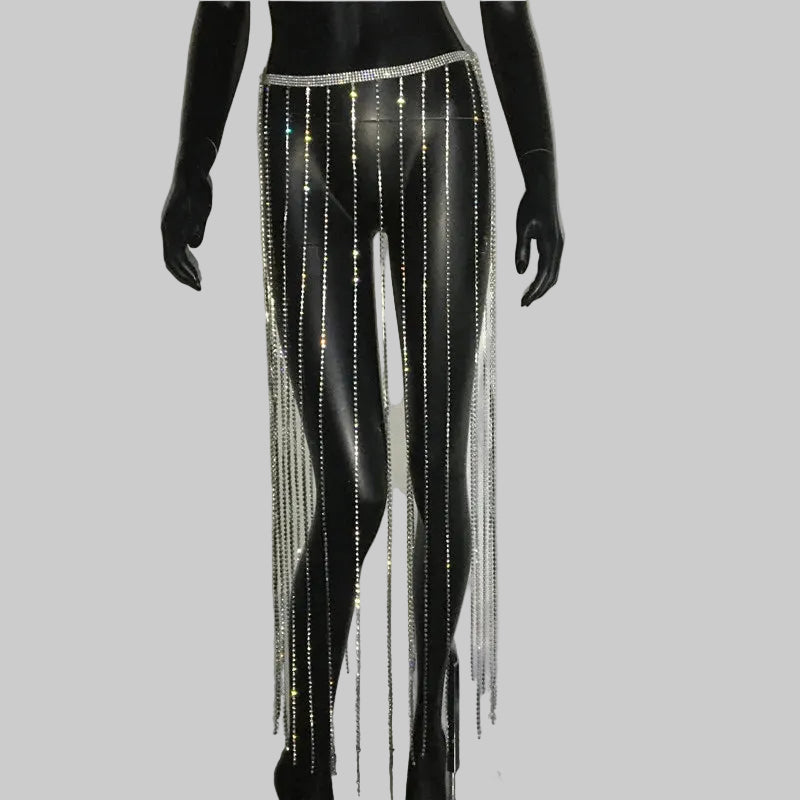 Rhinestone Tassel Skirt with Metal Sequin Waist Belt - Body Chain Skirt