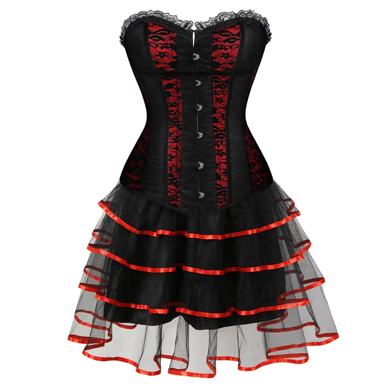 Gothic Floral Corset Dress Set | Red & Black | Lace Skirt | Plus Size
